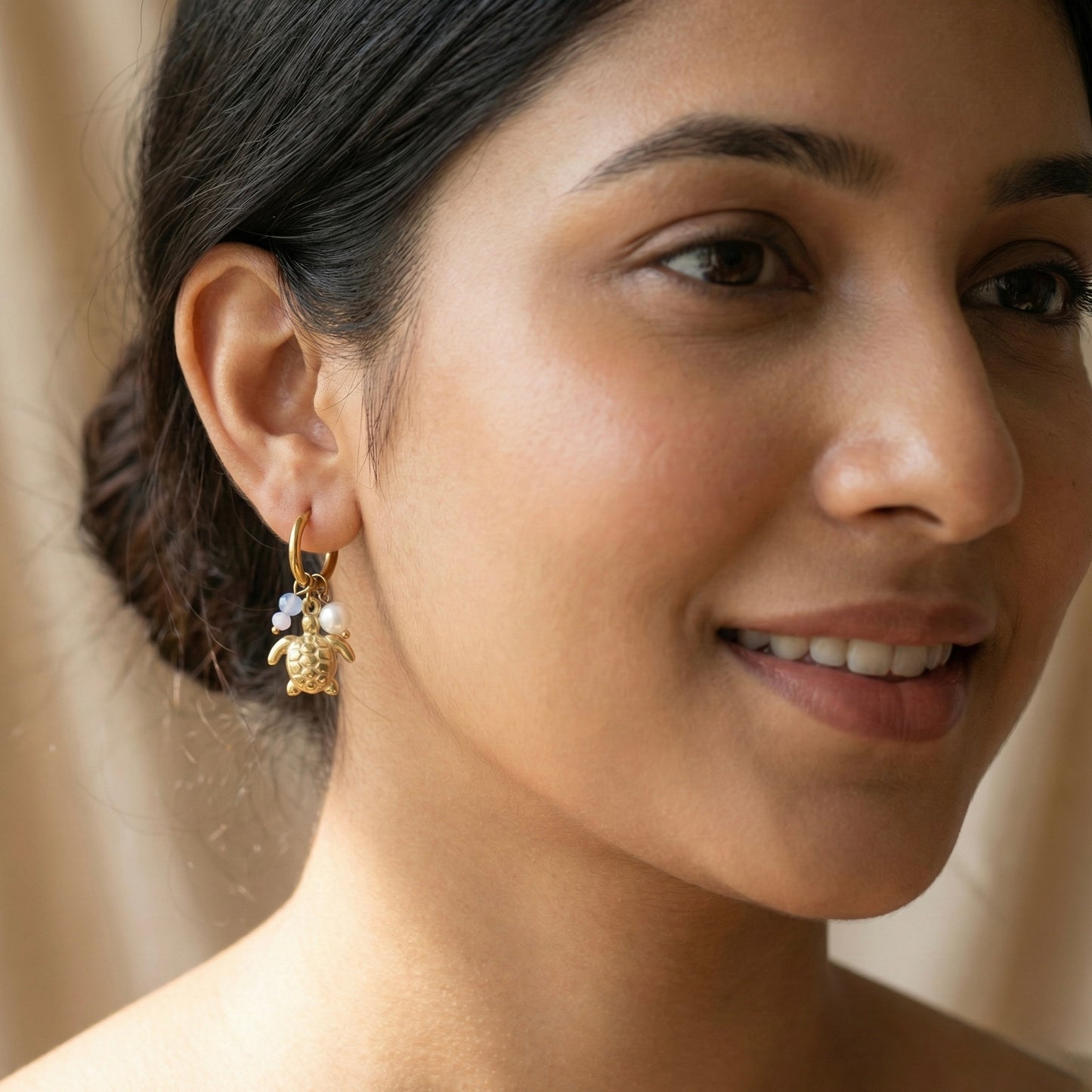 Golden Turtle Charm Hoop Earrings with Pearl & Pastel Beads