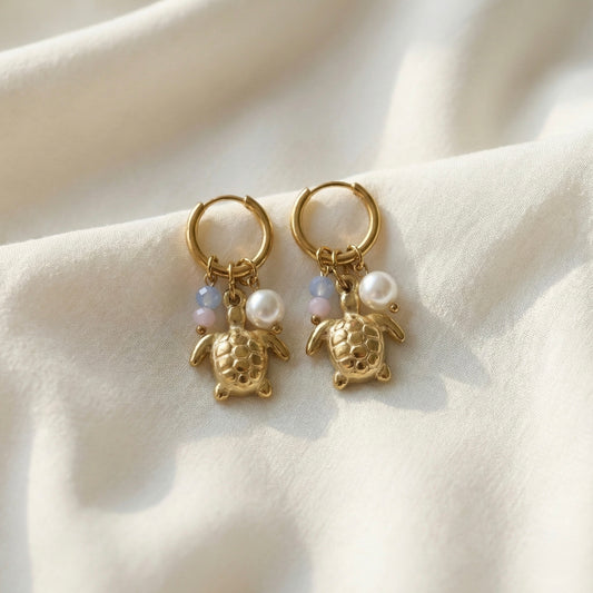 Golden Turtle Charm Hoop Earrings with Pearl & Pastel Beads