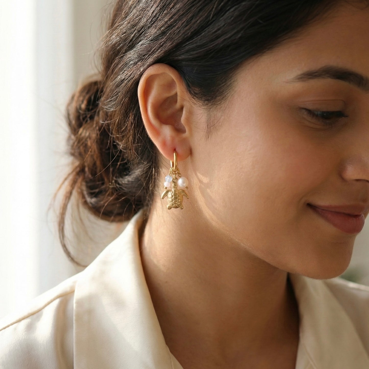 Golden Turtle Charm Hoop Earrings with Pearl & Pastel Beads