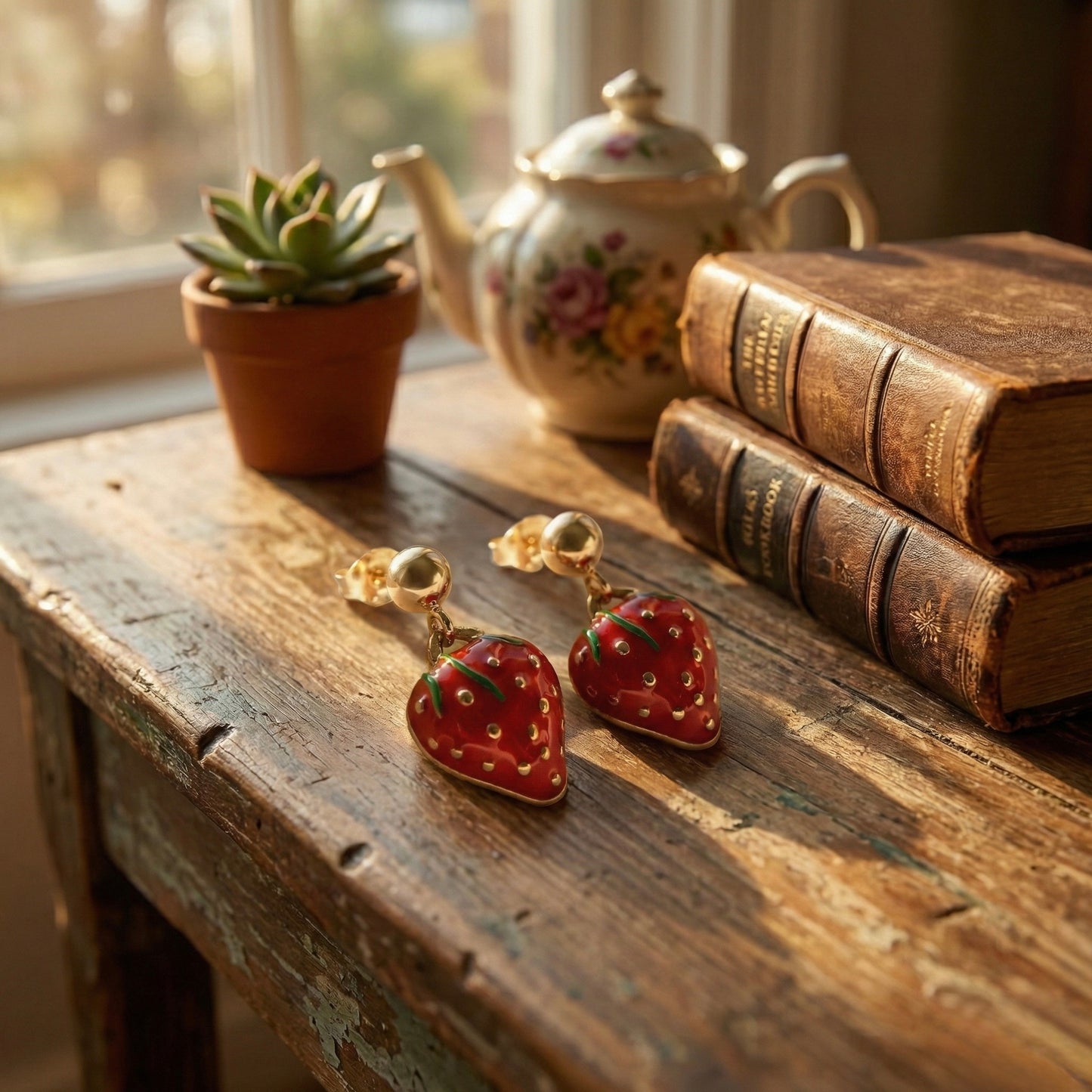 Golden Strawberry Charm Drop Earrings