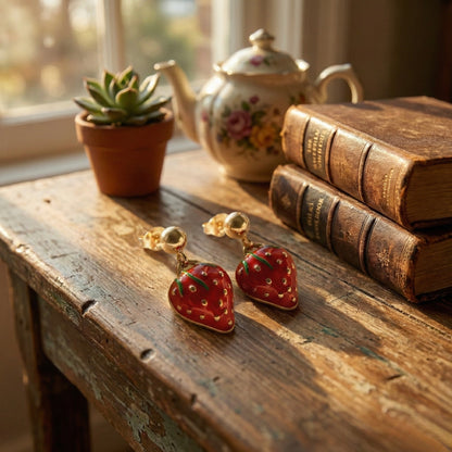Golden Strawberry Charm Drop Earrings