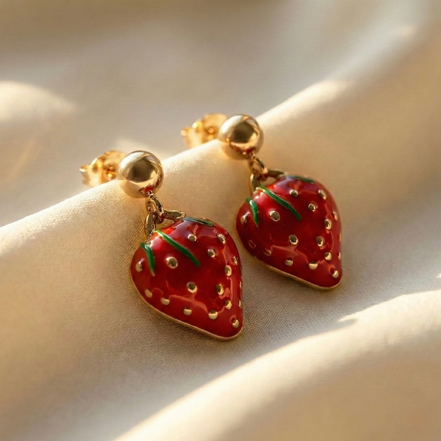 Golden Strawberry Charm Drop Earrings