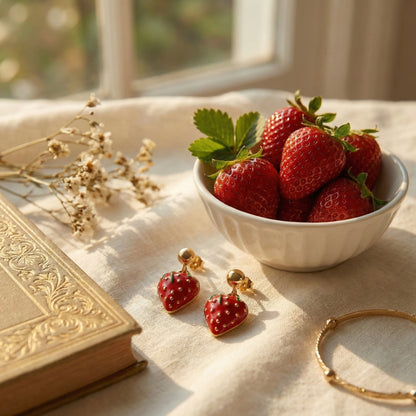 Golden Strawberry Charm Drop Earrings