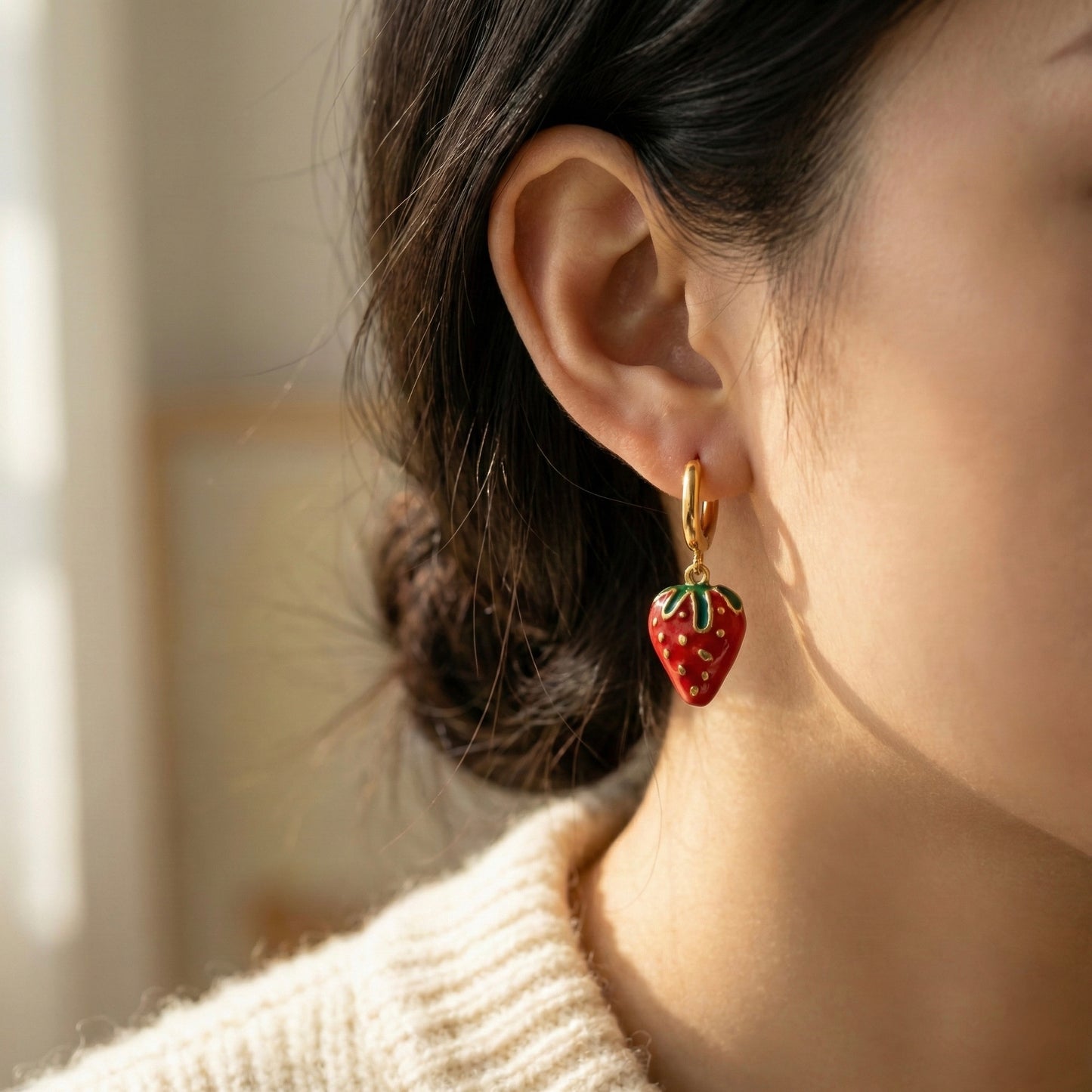 Golden Strawberry Charm Hoop Earrings