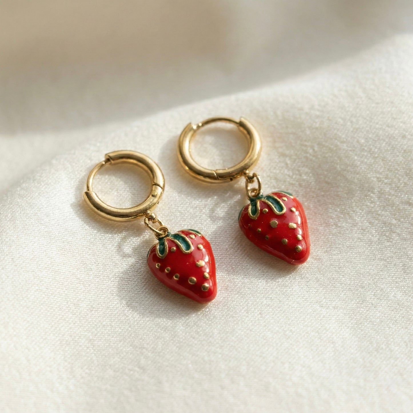 Golden Strawberry Charm Hoop Earrings