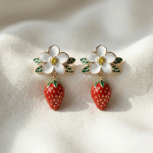 White Blossom Strawberry Drop Earrings – Gold Finish