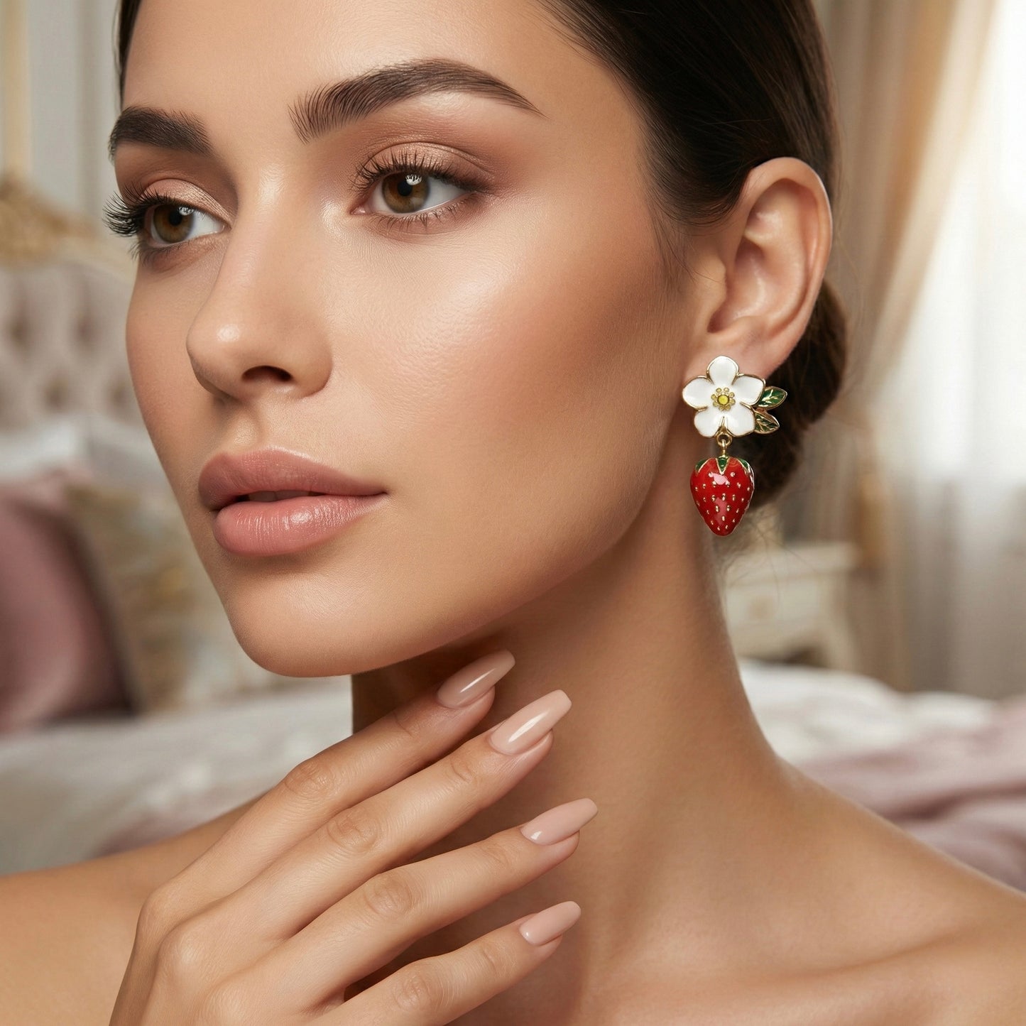 White Blossom Strawberry Drop Earrings – Gold Finish