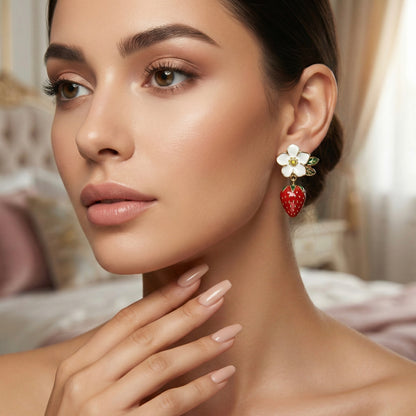 White Blossom Strawberry Drop Earrings – Gold Finish