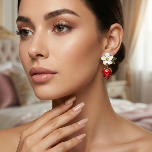White Blossom Strawberry Drop Earrings – Gold Finish