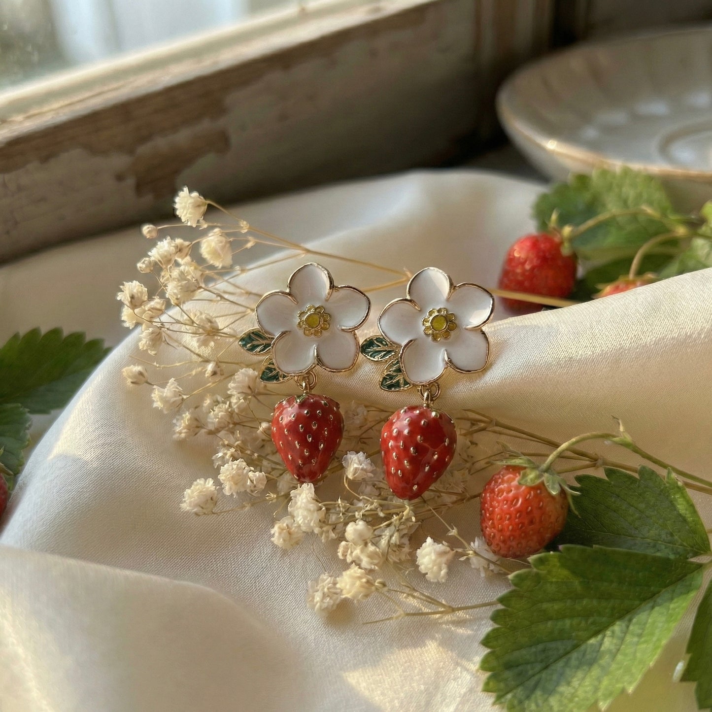 White Blossom Strawberry Drop Earrings – Gold Finish