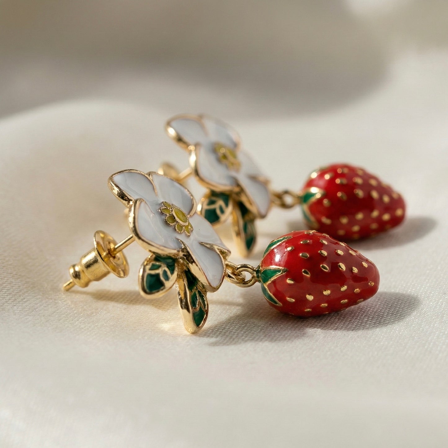 White Blossom Strawberry Drop Earrings – Gold Finish