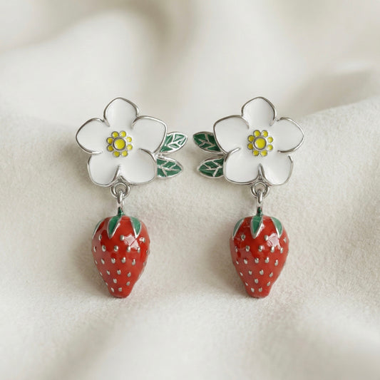 White Blossom Strawberry Drop Earrings – Silver Finish