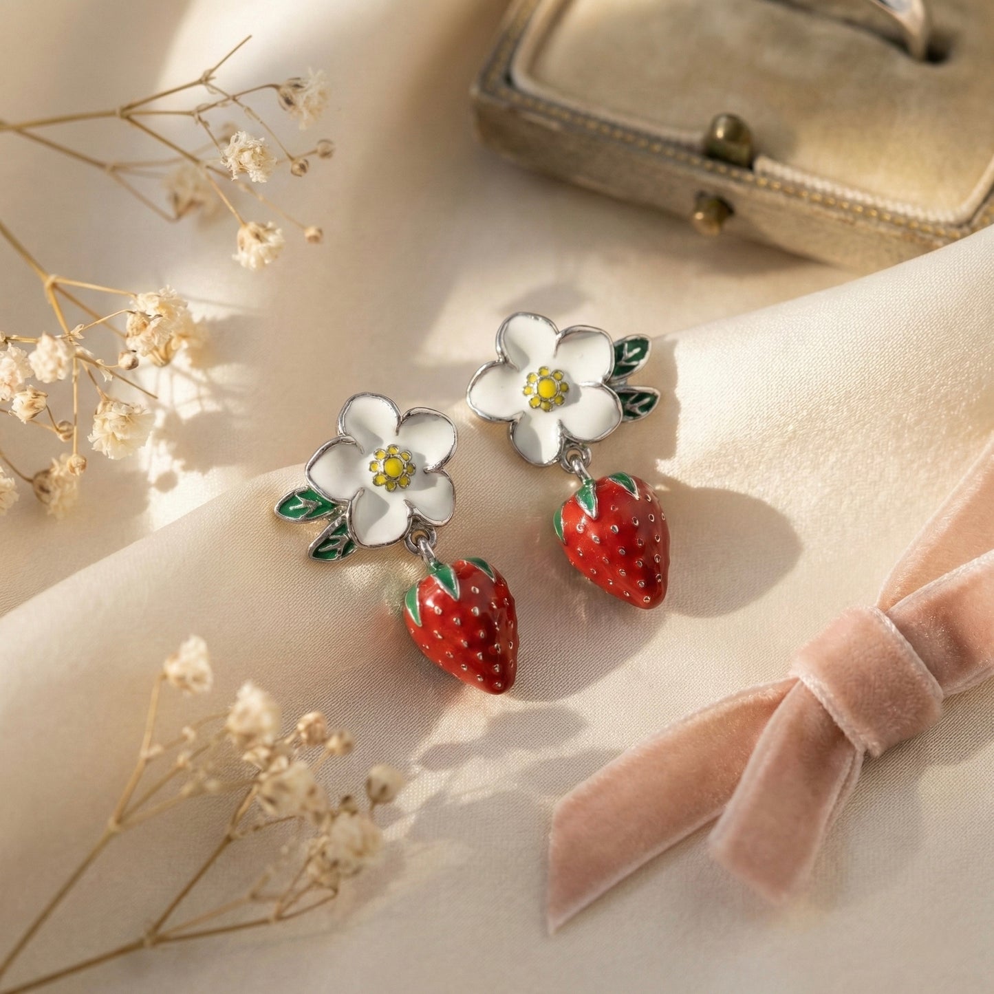 White Blossom Strawberry Drop Earrings – Silver Finish