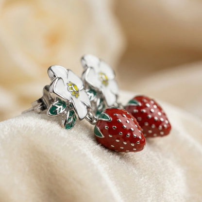 White Blossom Strawberry Drop Earrings – Silver Finish