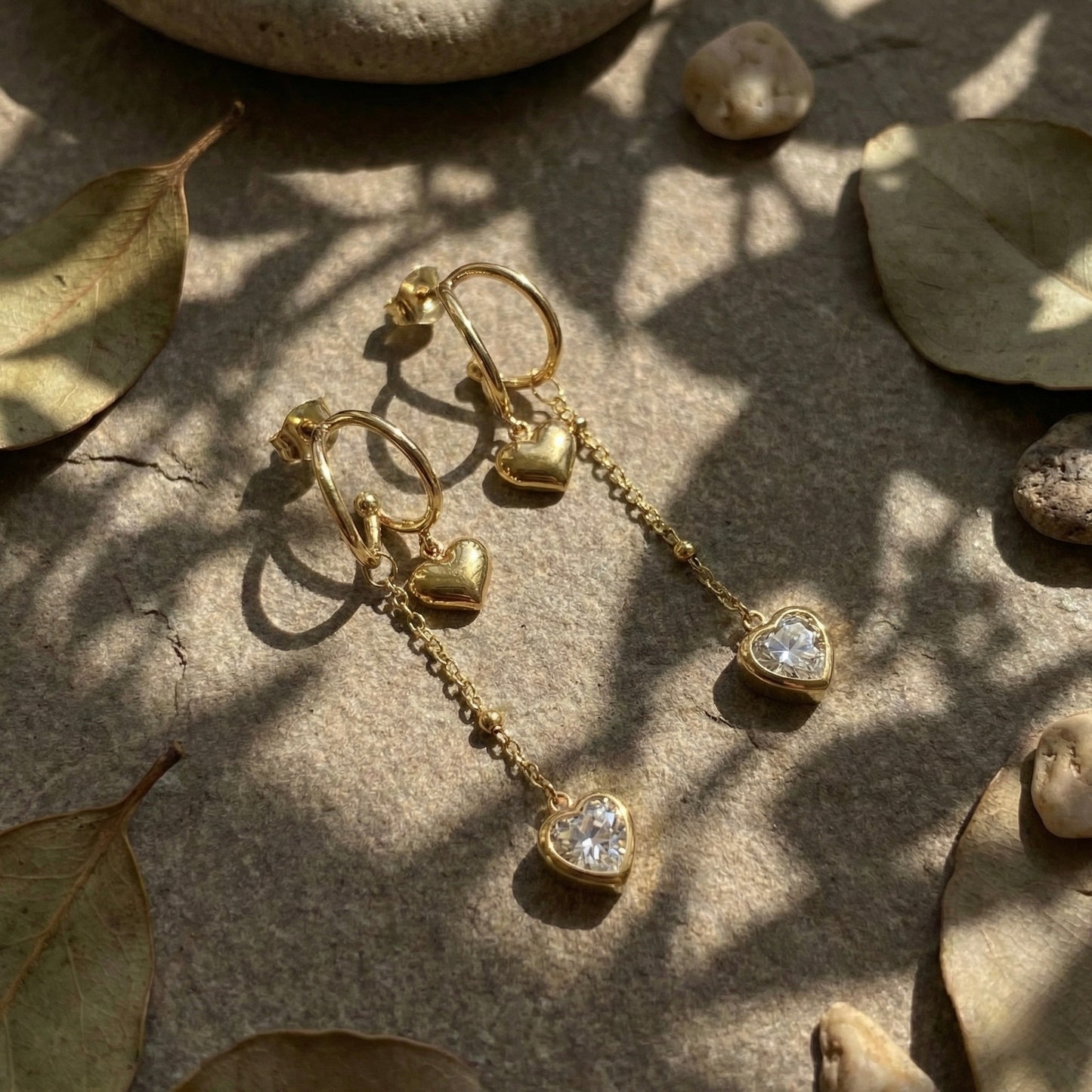 Crystal Heart Chain Gold Earrings