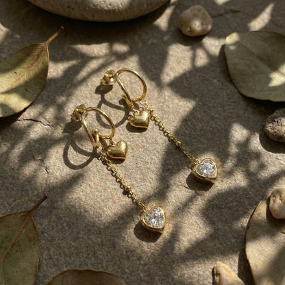 Crystal Heart Chain Gold Earrings