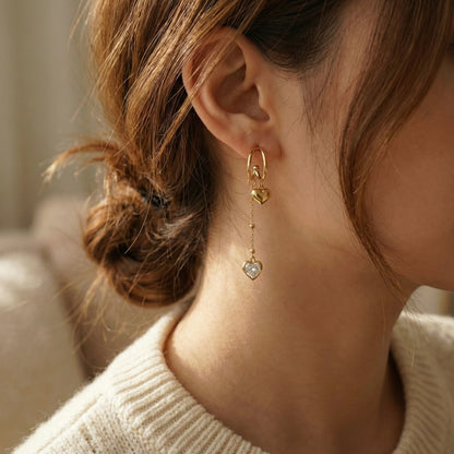 Crystal Heart Chain Gold Earrings