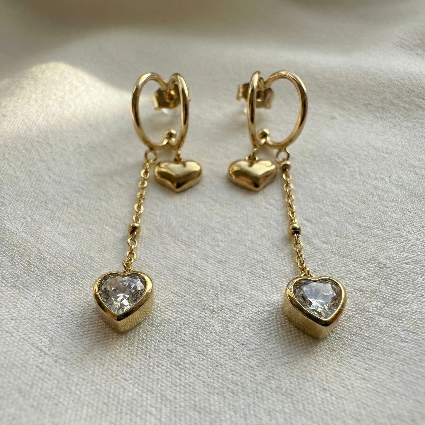 Crystal Heart Chain Gold Earrings