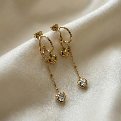 Crystal Heart Chain Gold Earrings