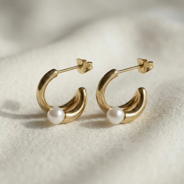 Celestial Combo – Pearl Moon Necklace, Aurora Pearl Hoops & Champagne Organza Bow