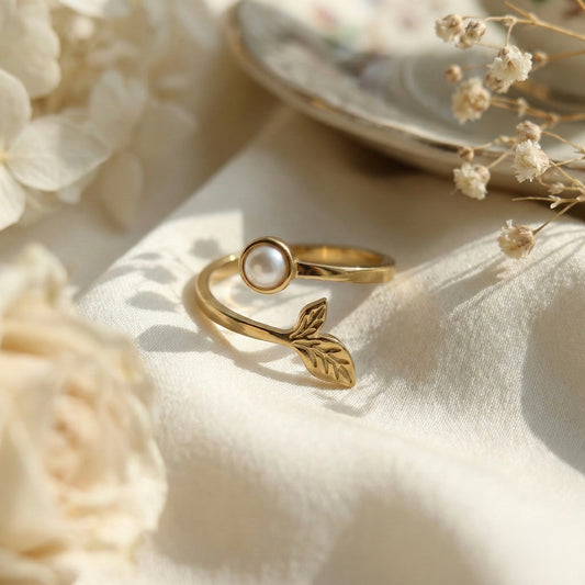 Pearl Leaf Adjustable Gold Ring