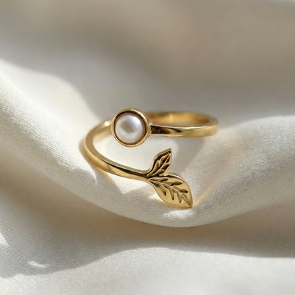 Pearl Leaf Adjustable Gold Ring