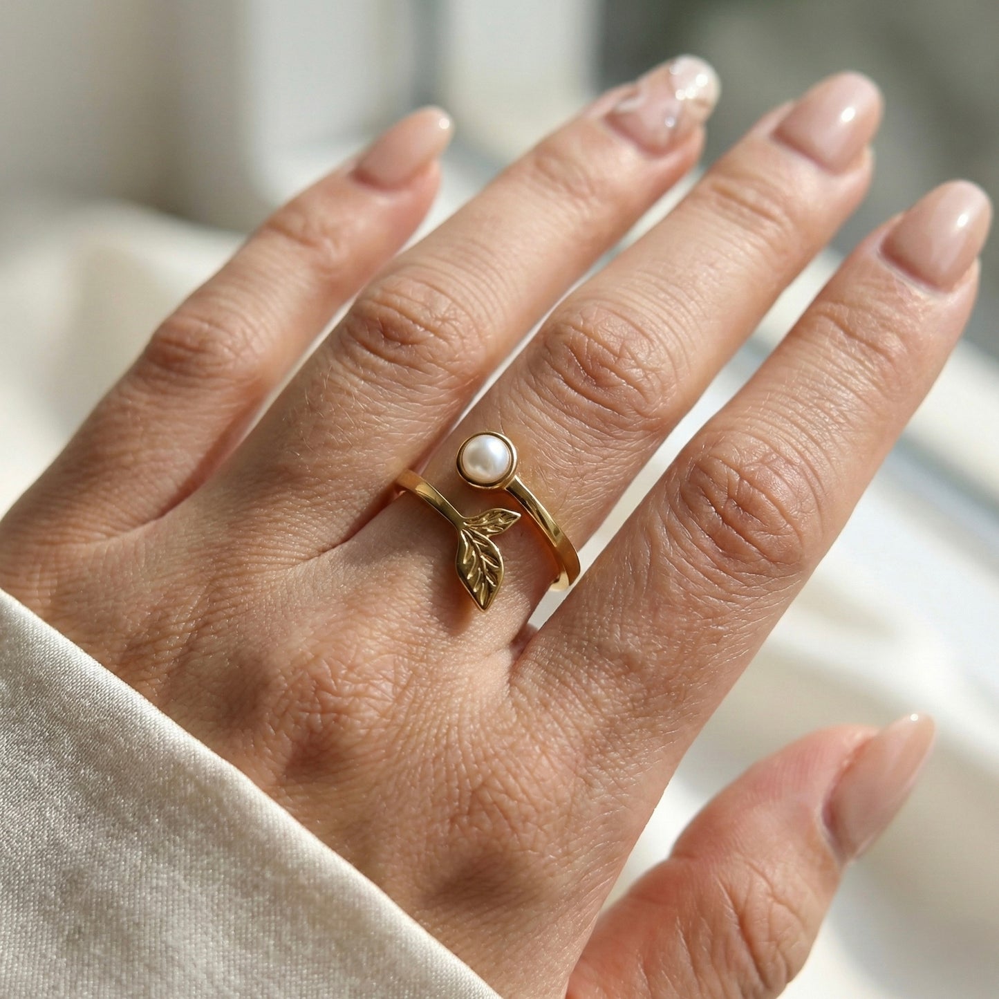 Pearl Leaf Adjustable Gold Ring