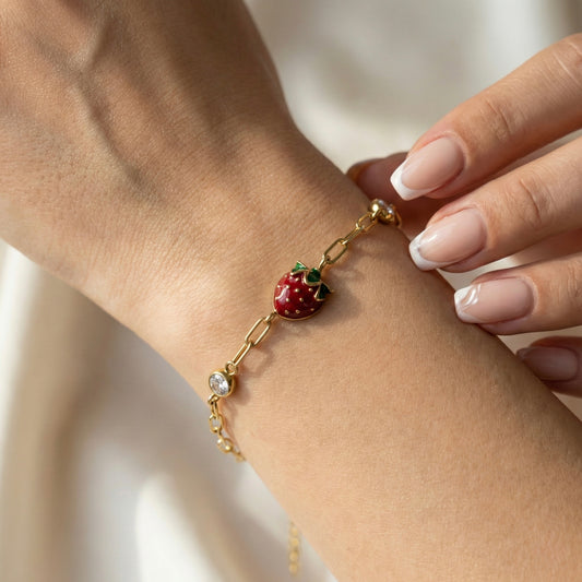 Strawberry Charm Gold Plated Bracelet – Cute Luxury Jewellery | Myst Juels