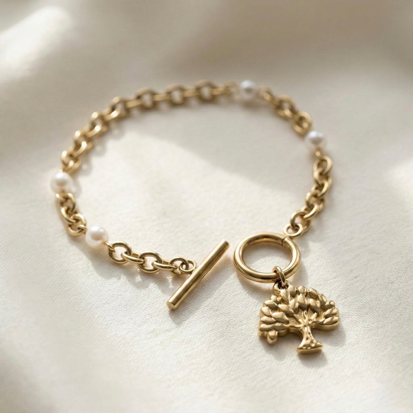 Tree of Life Gold Plated Bracelet – Pearl Charm Minimal Jewellery | Myst Juels