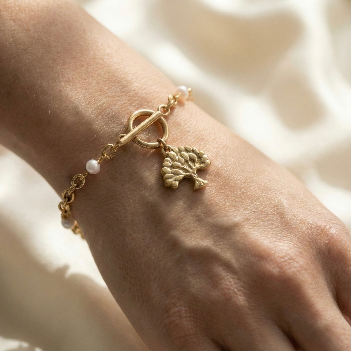 Tree of Life Gold Plated Bracelet – Pearl Charm Minimal Jewellery | Myst Juels
