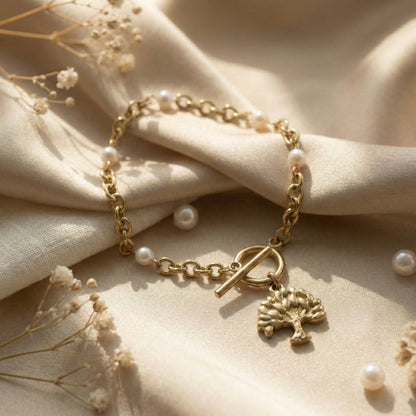 Tree of Life Gold Plated Bracelet – Pearl Charm Minimal Jewellery | Myst Juels