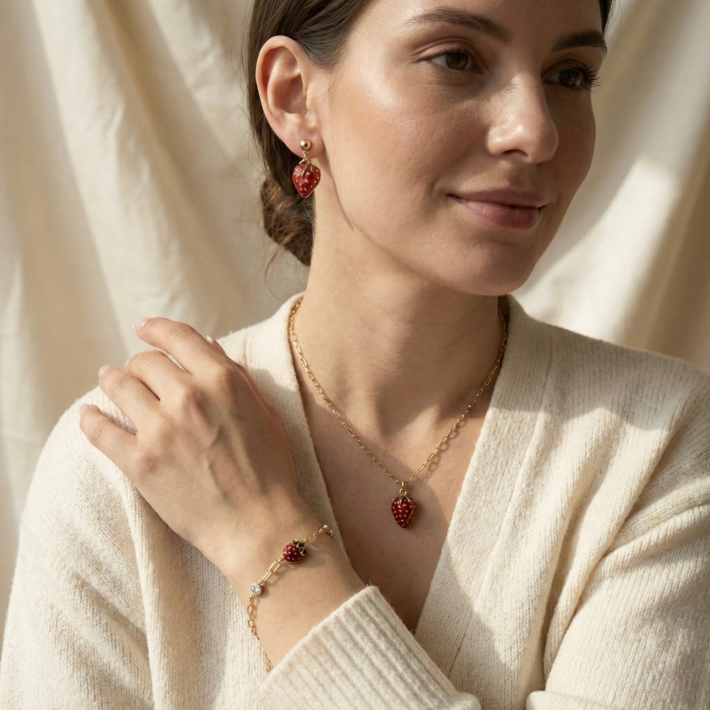 Strawberry Charm Combo Set – Necklace, Bracelet & DropEarrings Set | Myst Juels