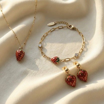 Strawberry Charm Combo Set – Necklace, Bracelet & DropEarrings Set | Myst Juels