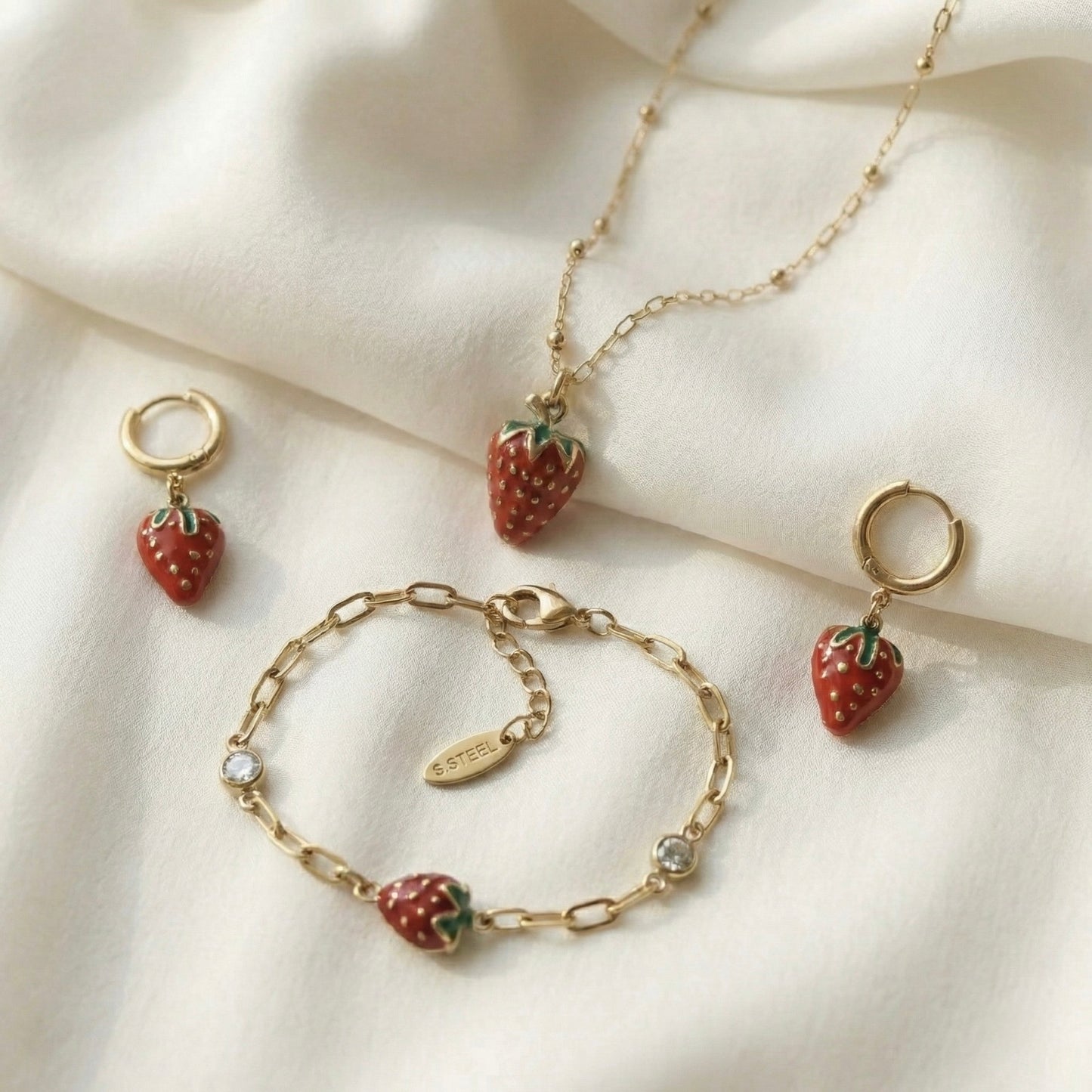 Strawberry Charm Combo Set –Necklace, Bracelet & HoopsEarrings Set | Myst Juels
