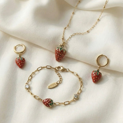 Strawberry Charm Combo Set –Necklace, Bracelet & HoopsEarrings Set | Myst Juels