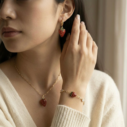 Strawberry Charm Combo Set –Necklace, Bracelet & HoopsEarrings Set | Myst Juels