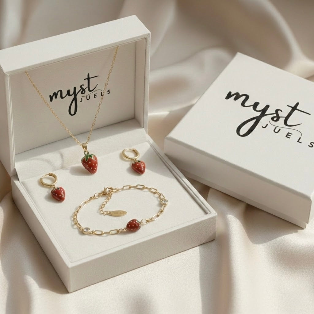 Strawberry Charm Combo Set –Necklace, Bracelet & HoopsEarrings Set | Myst Juels
