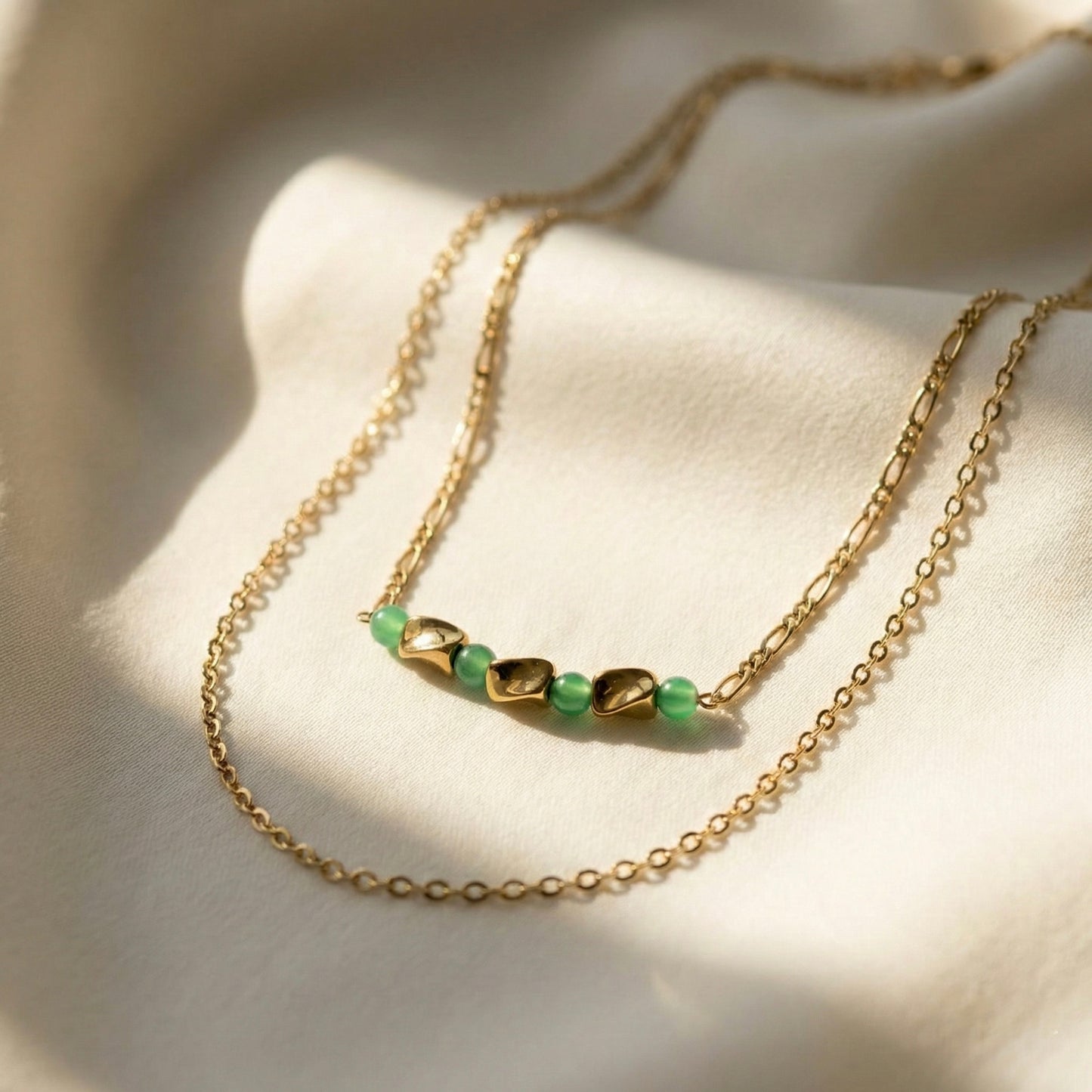Emerald Whisper Dual Layer Gold Plated Necklace – Minimal Beaded Jewellery | Myst Juels