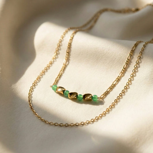 Emerald Whisper Dual Layer Gold Plated Necklace – Minimal Beaded Jewellery | Myst Juels