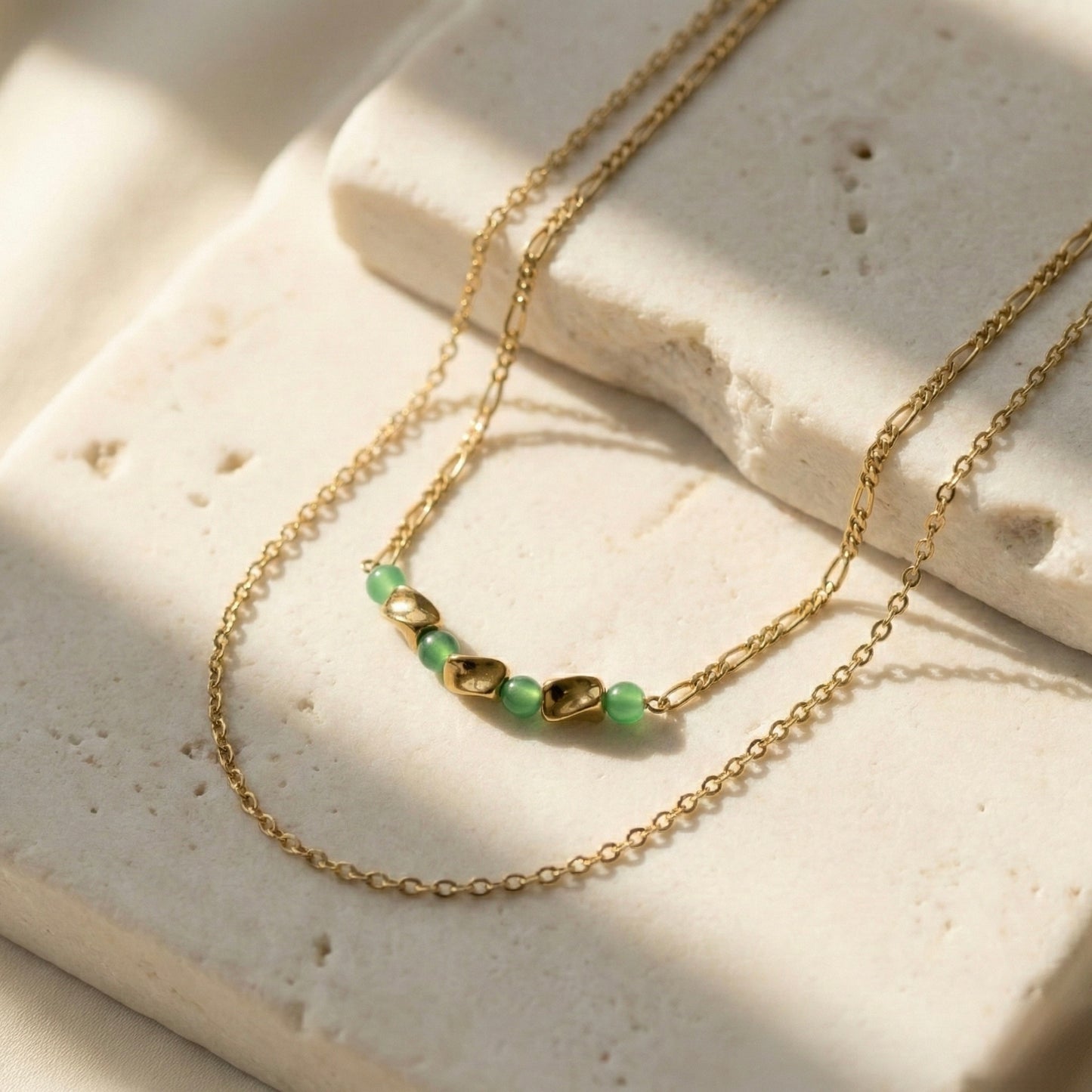 Emerald Whisper Dual Layer Gold Plated Necklace – Minimal Beaded Jewellery | Myst Juels