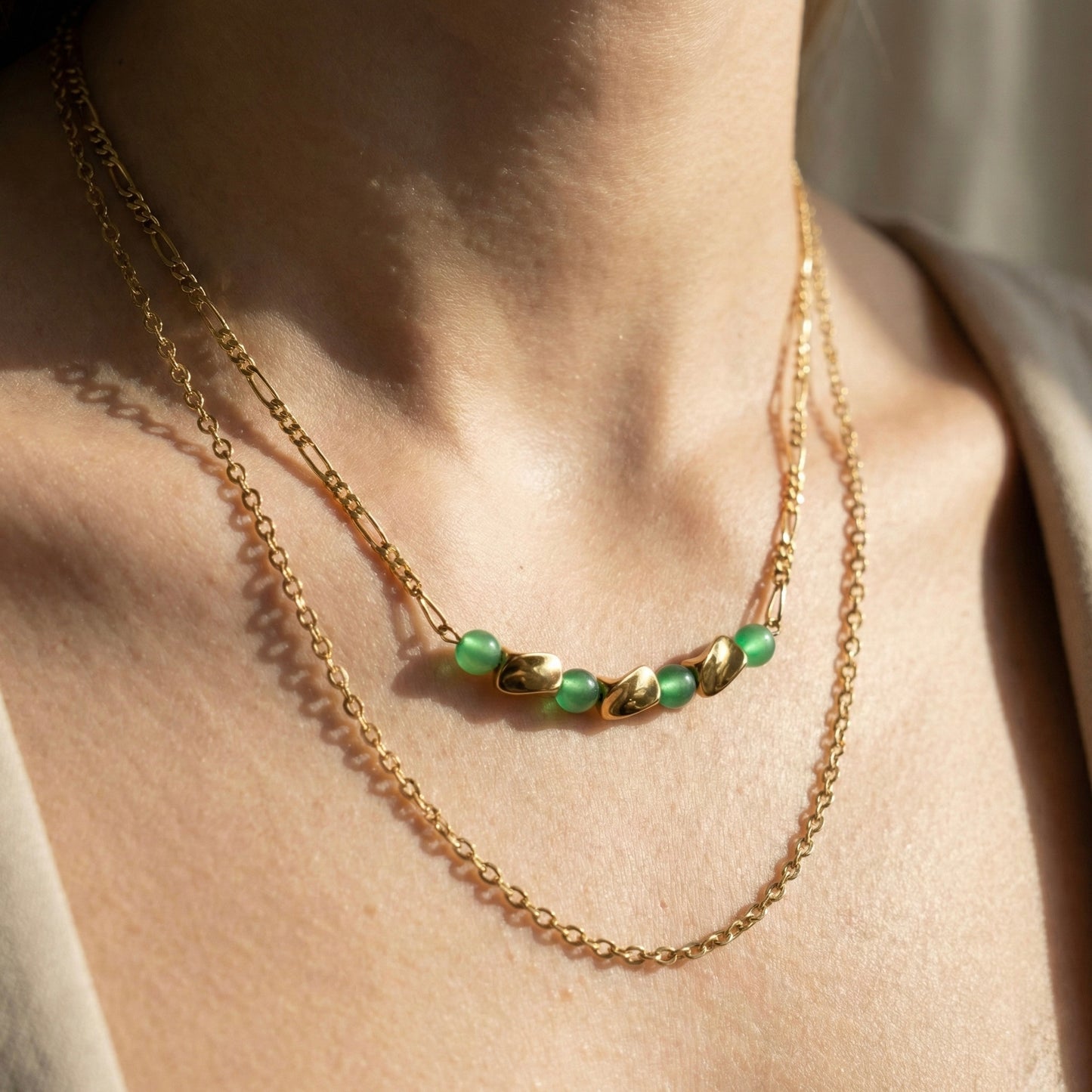 Emerald Whisper Dual Layer Gold Plated Necklace – Minimal Beaded Jewellery | Myst Juels