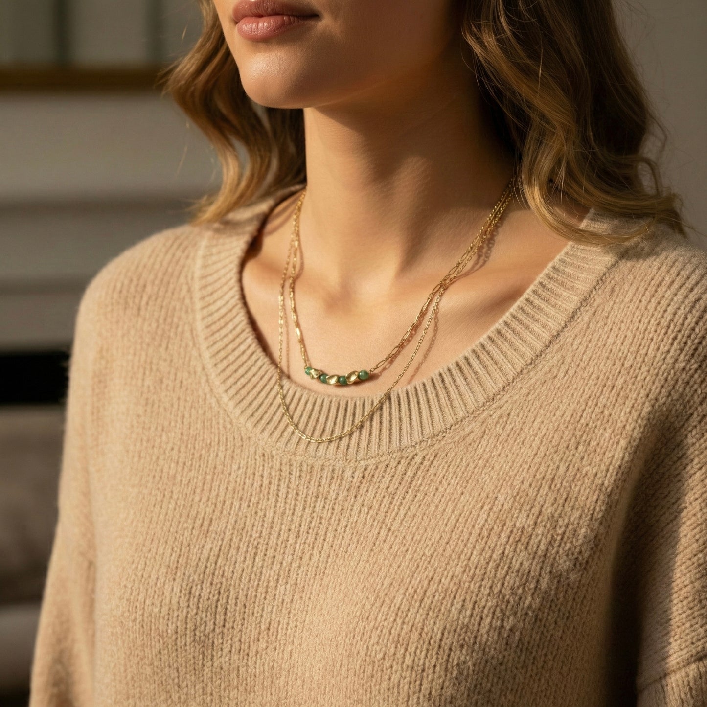 Emerald Whisper Dual Layer Gold Plated Necklace – Minimal Beaded Jewellery | Myst Juels