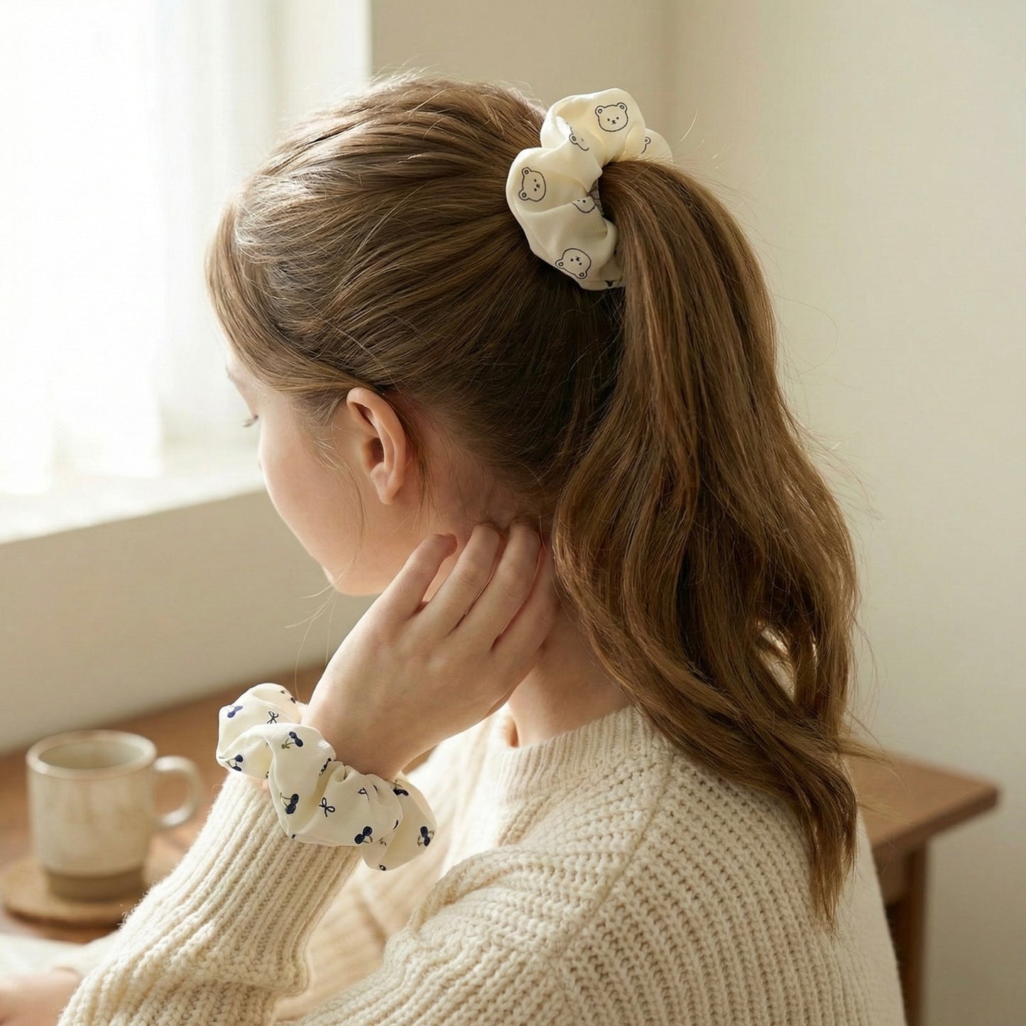 Ivory Bear Print Scrunchie Duo – Soft Everyday Hair Accessory