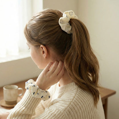 Ivory Bear Print Scrunchie Duo – Soft Everyday Hair Accessory