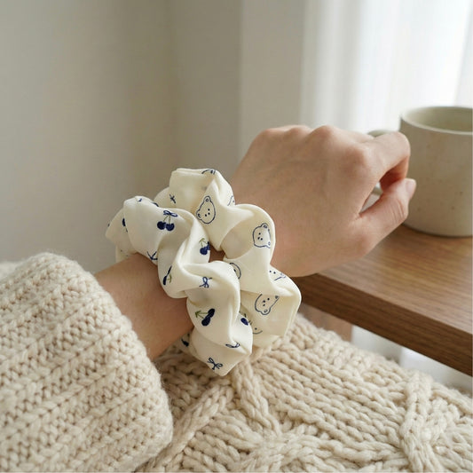 Ivory Bear Print Scrunchie Duo – Soft Everyday Hair Accessory