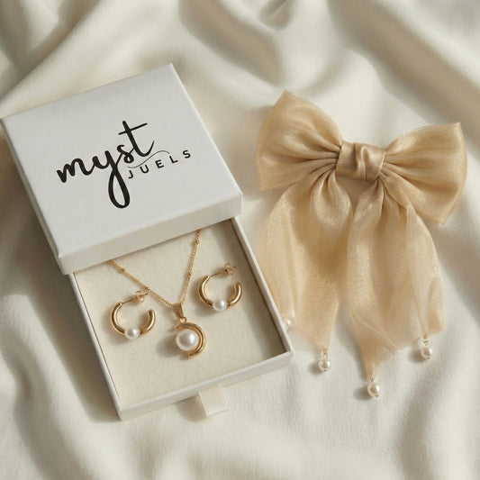 Celestial Combo – Pearl Moon Necklace, Aurora Pearl Hoops & Champagne Organza Bow