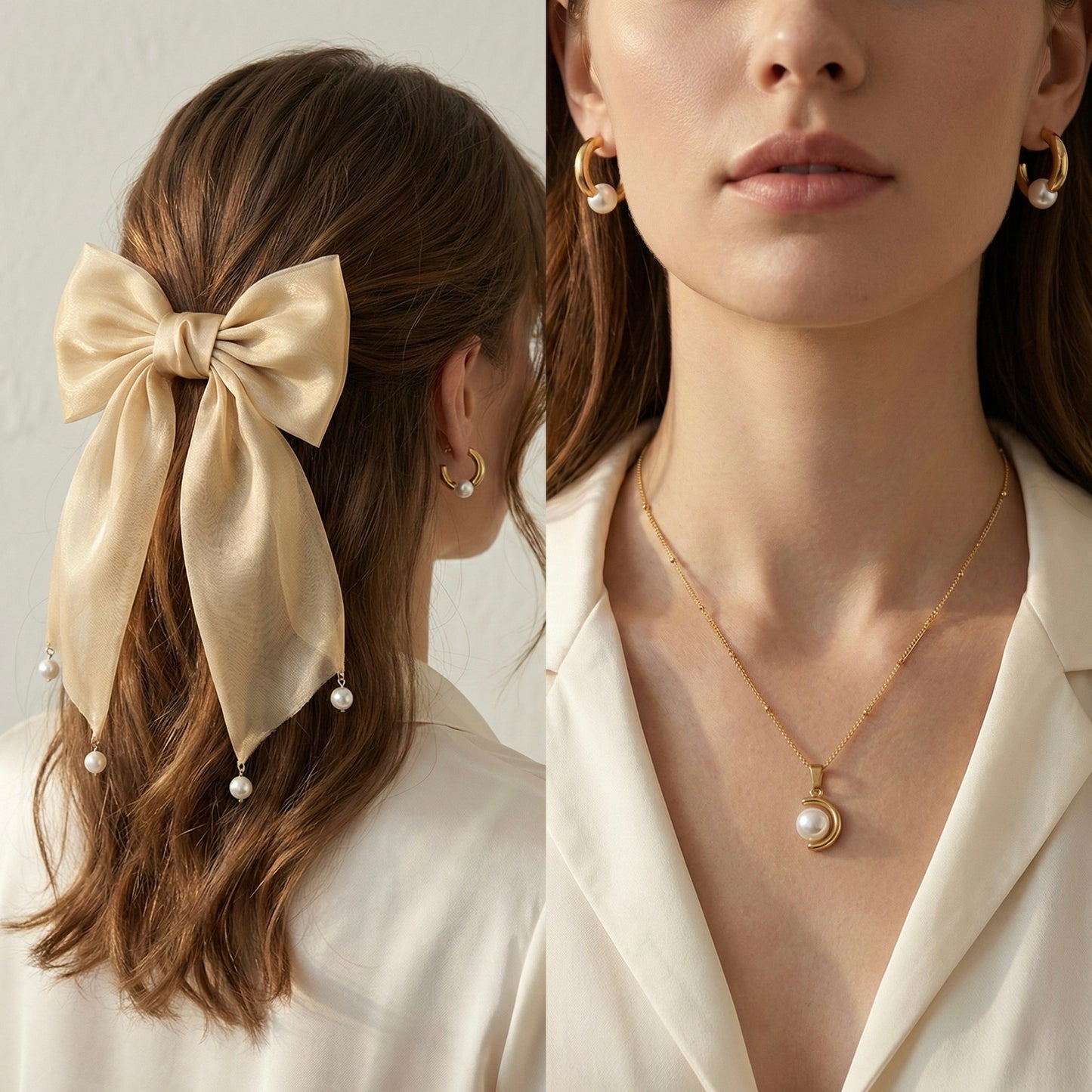 Celestial Combo – Pearl Moon Necklace, Aurora Pearl Hoops & Champagne Organza Bow