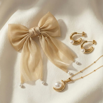 Celestial Combo – Pearl Moon Necklace, Aurora Pearl Hoops & Champagne Organza Bow