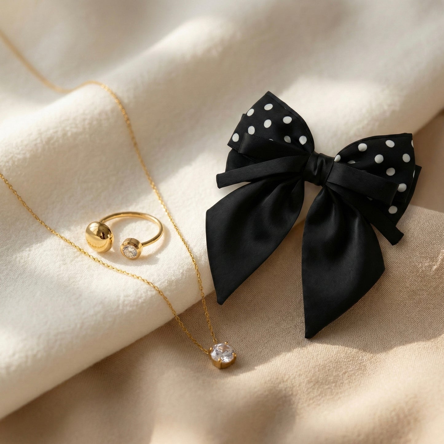 Classic Noir Professional – Black Polka Satin Bow, Single Diamond Necklace & Aura Dual Dot Ring