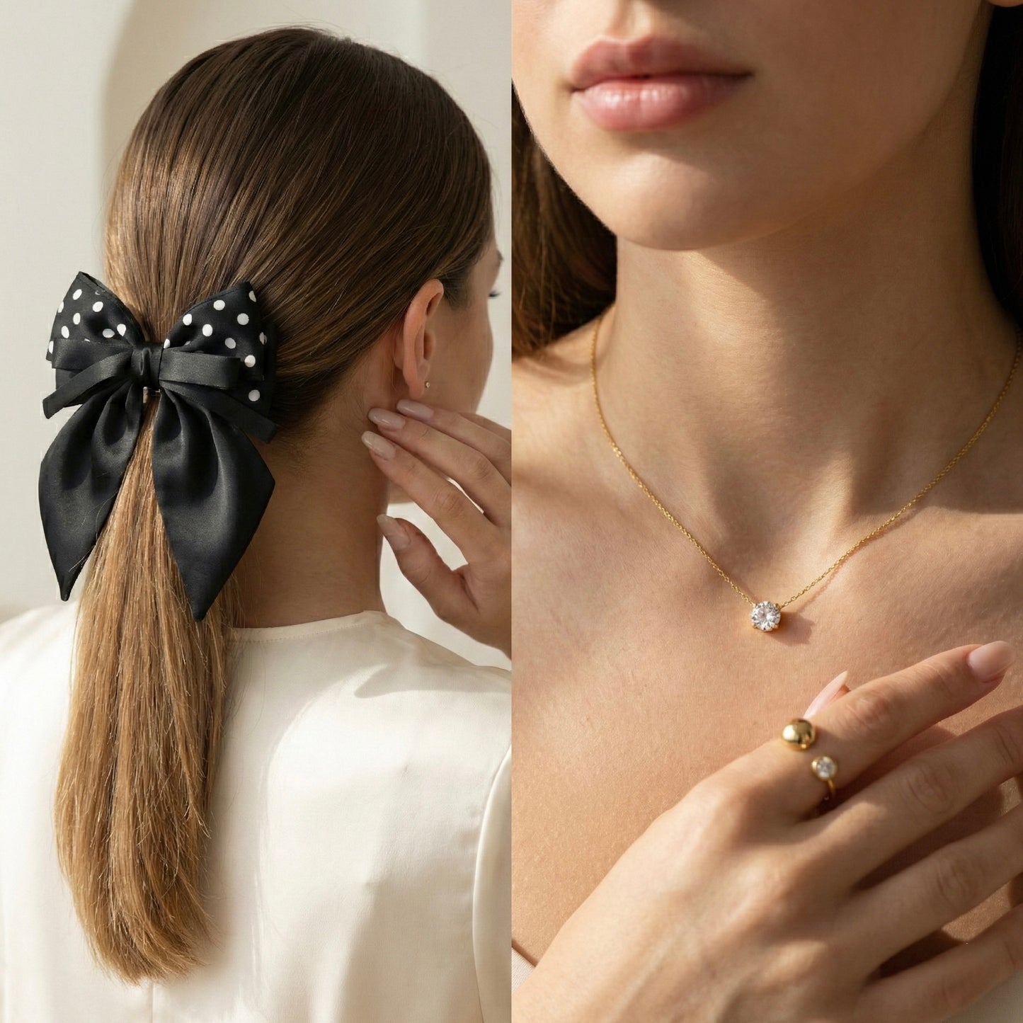 Classic Noir Professional – Black Polka Satin Bow, Single Diamond Necklace & Aura Dual Dot Ring